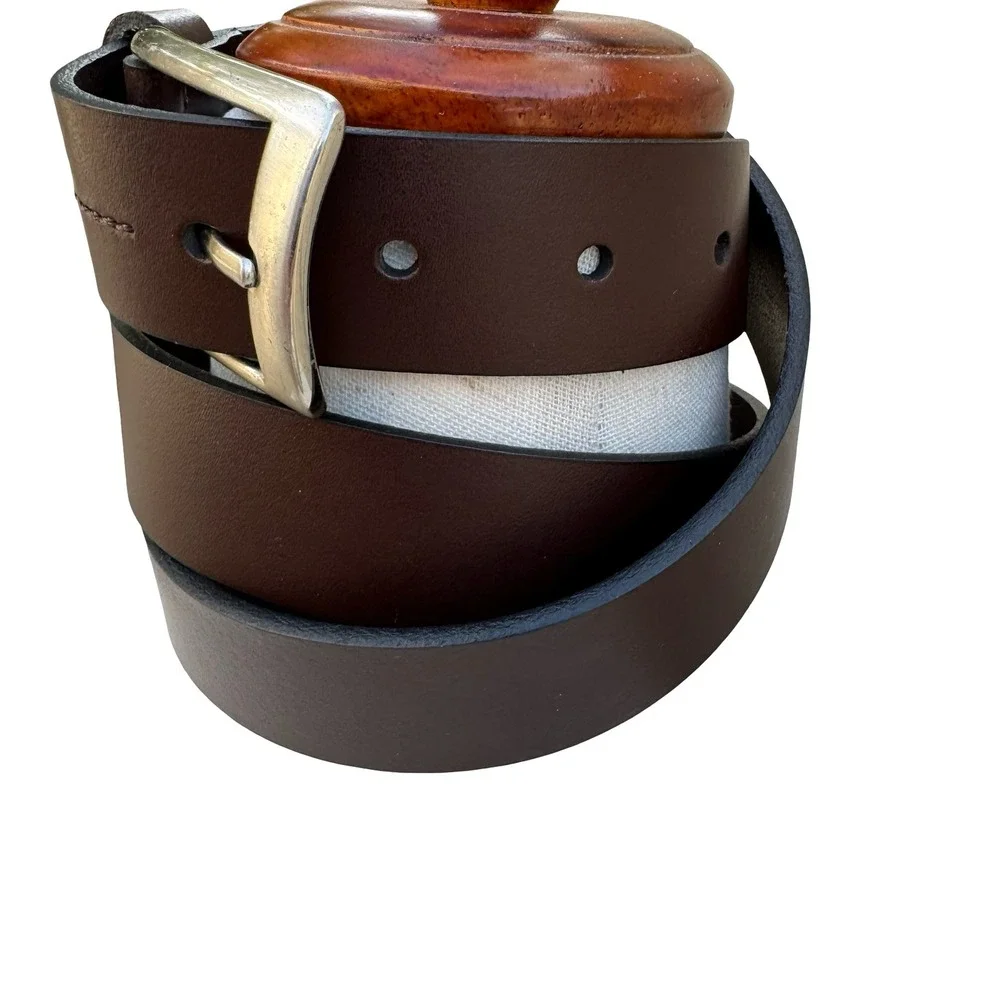 Mens Minimalist Workwear Americana Brown Genuine Leather Belt Silver Buckle L